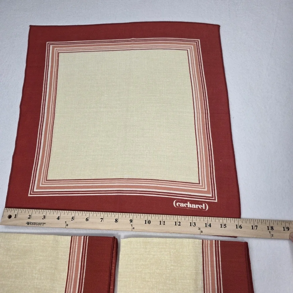 Vintage Cacharel Cotton Square 3 Piece Napkins Set Border Pattern Red Beige